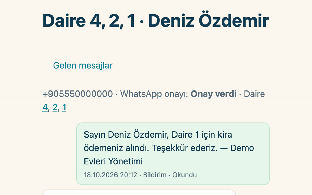 Kiracıya WhatsApp'tan bildirim gider